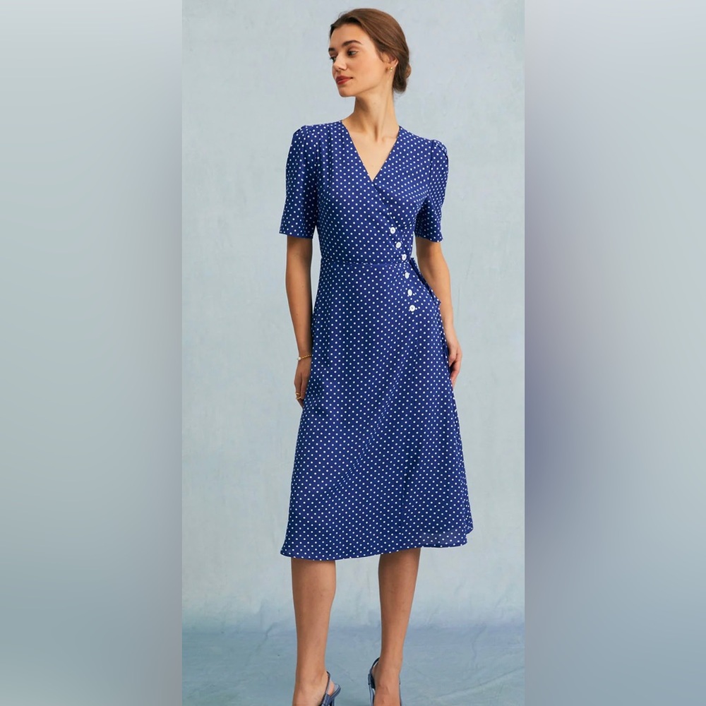 The Blue V Neck Polka Dot Wrap Midi Dress